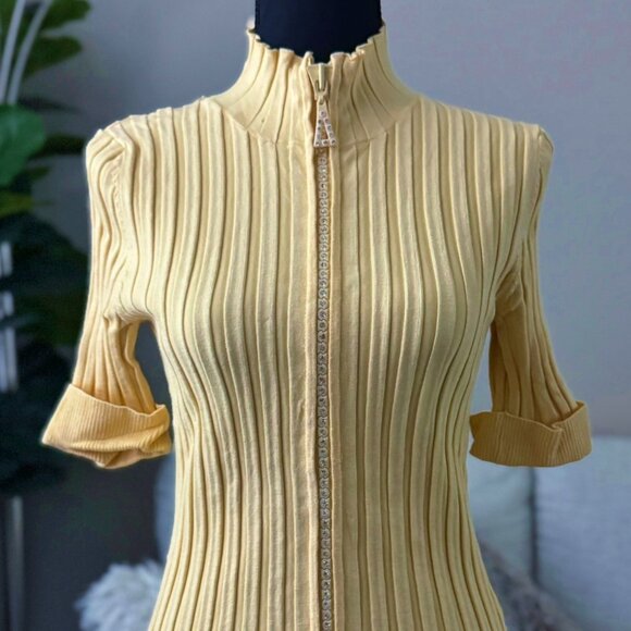 Belldini Sexy Yellow Rhinestone Crystal Zipper Mock Neck Collared Shirt Medium M - Picture 3 of 6